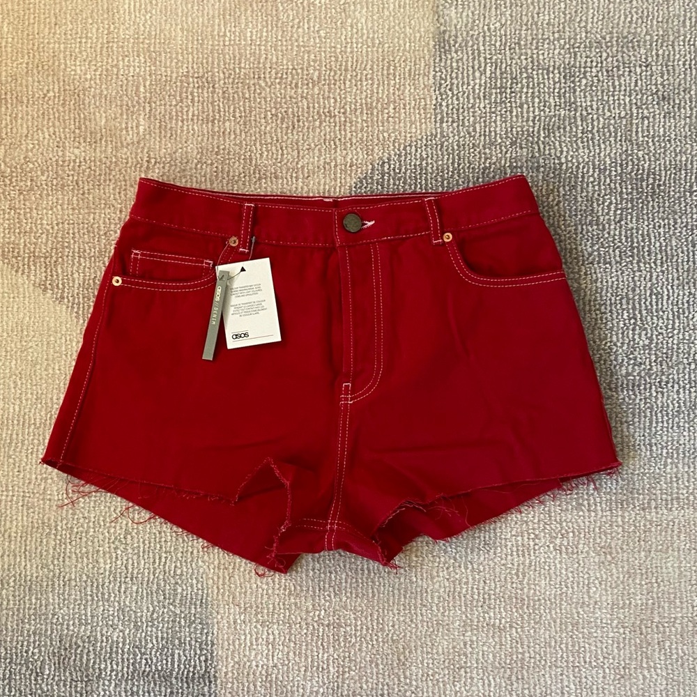 ASOS Brand Red Denim Cutoff Shorts
